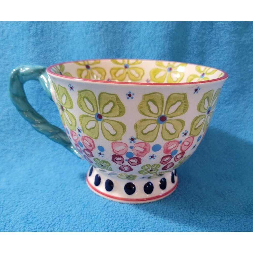 Anthropologie Elka Ayaka Green Floral Footed Pedestal Mug Cup Twisted TealHandle
